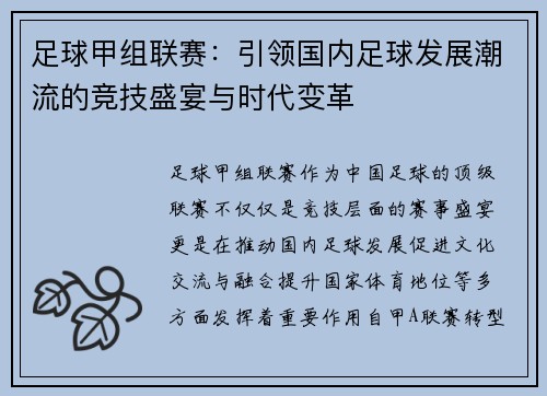 足球甲组联赛：引领国内足球发展潮流的竞技盛宴与时代变革