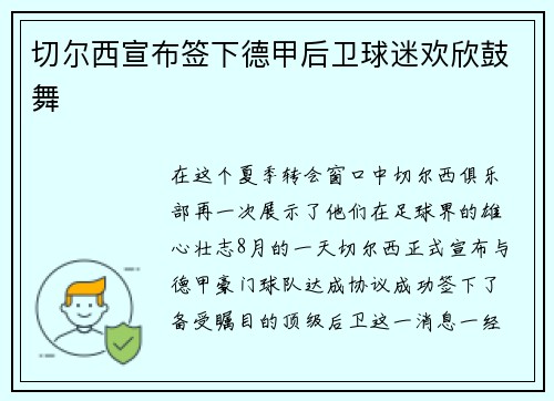 切尔西宣布签下德甲后卫球迷欢欣鼓舞